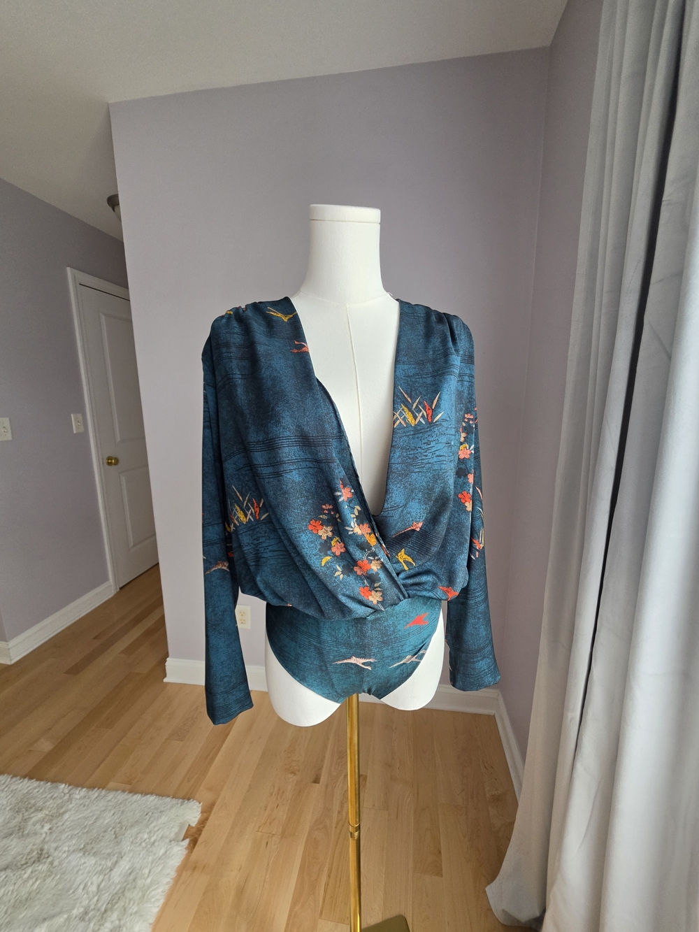 Zara Teal Floral Print Wrap-Front Bodysuit